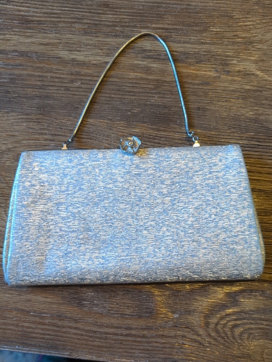 Vintage Handbags - Elegant Sparkly Silver Evening Clutch Handbag Rosette Clasp